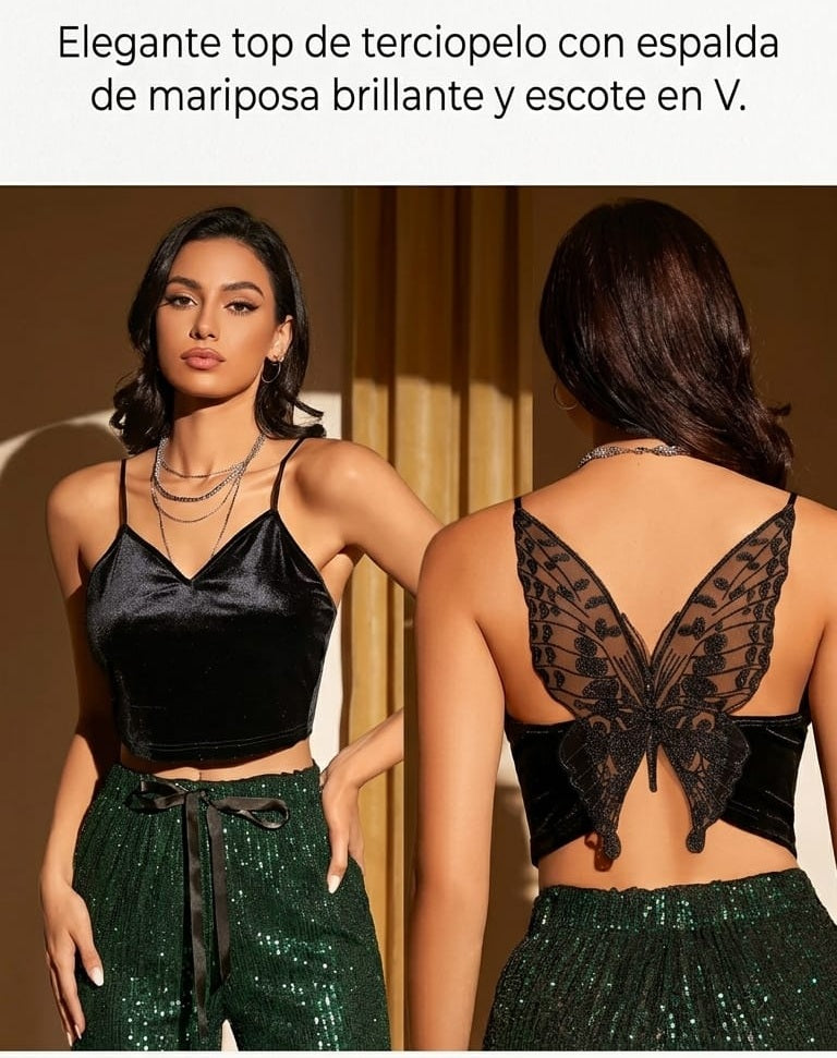 Top de Terciopelo con Espalda de Mariposa Brillante