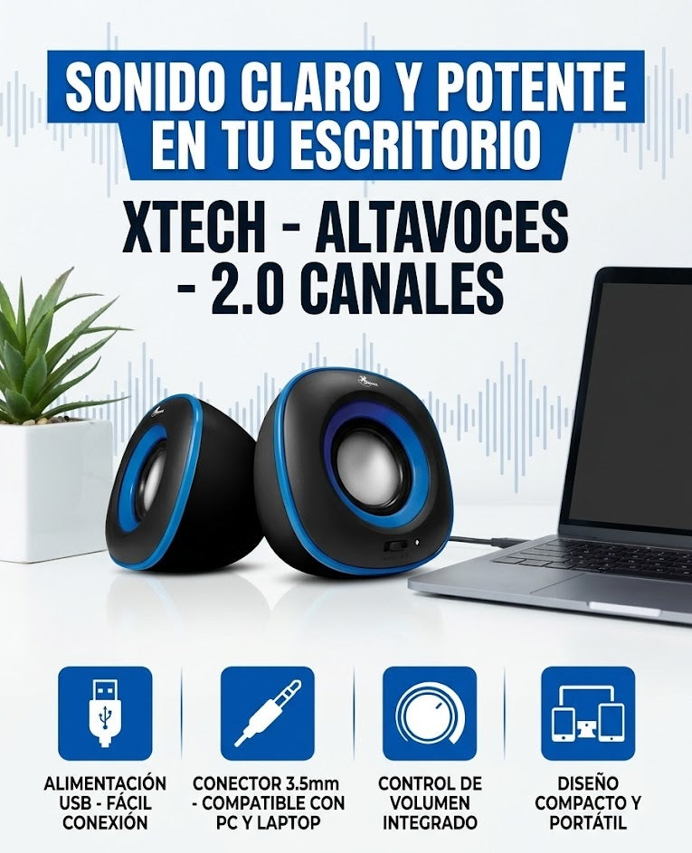 Bocinas Estéreo para PC Xtech 2.0 Canales - Alimentación USB y Control de Volumen