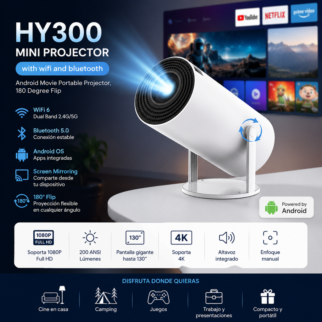 Mini Proyector Portátil HY300 180° Flip - Android TV, Wi-Fi y Bluetooth (Cine en Casa)