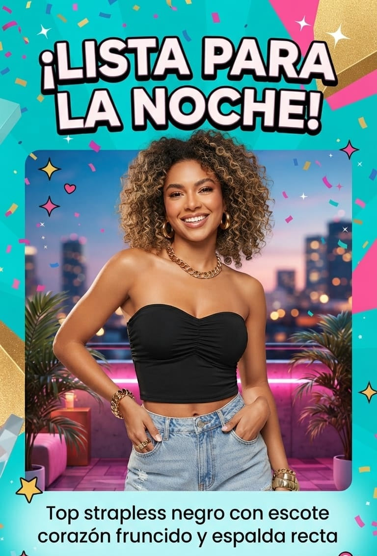 Crop Top Strapless Negro: Escote Corazón Fruncido