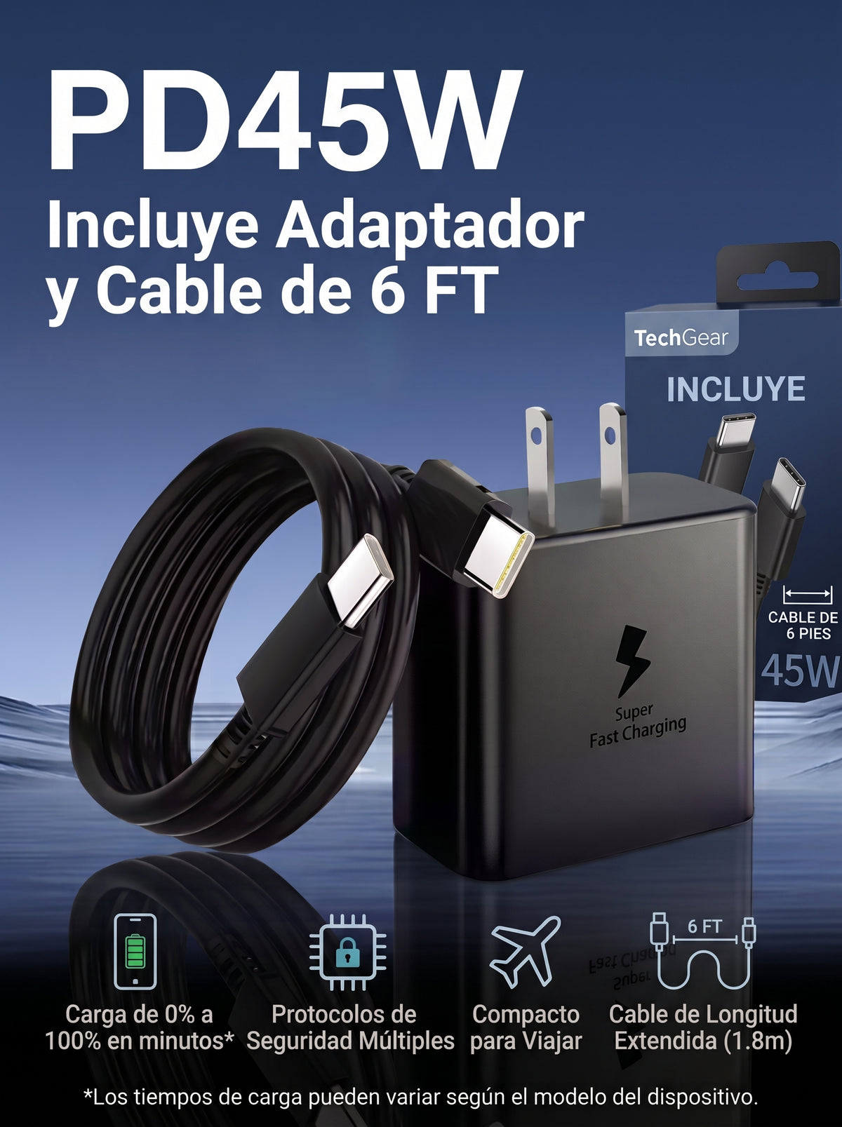 Kit de Carga Ultra Rápida PD 45W | Adaptador de Pared USB-C + Cable Tipo C de 1.8M (6 FT)