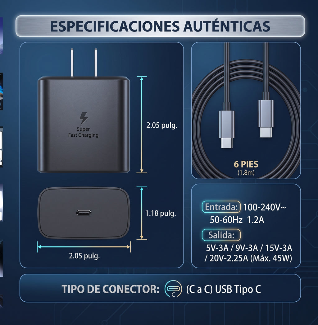 Kit de Carga Ultra Rápida PD 45W | Adaptador de Pared USB-C + Cable Tipo C de 1.8M (6 FT)