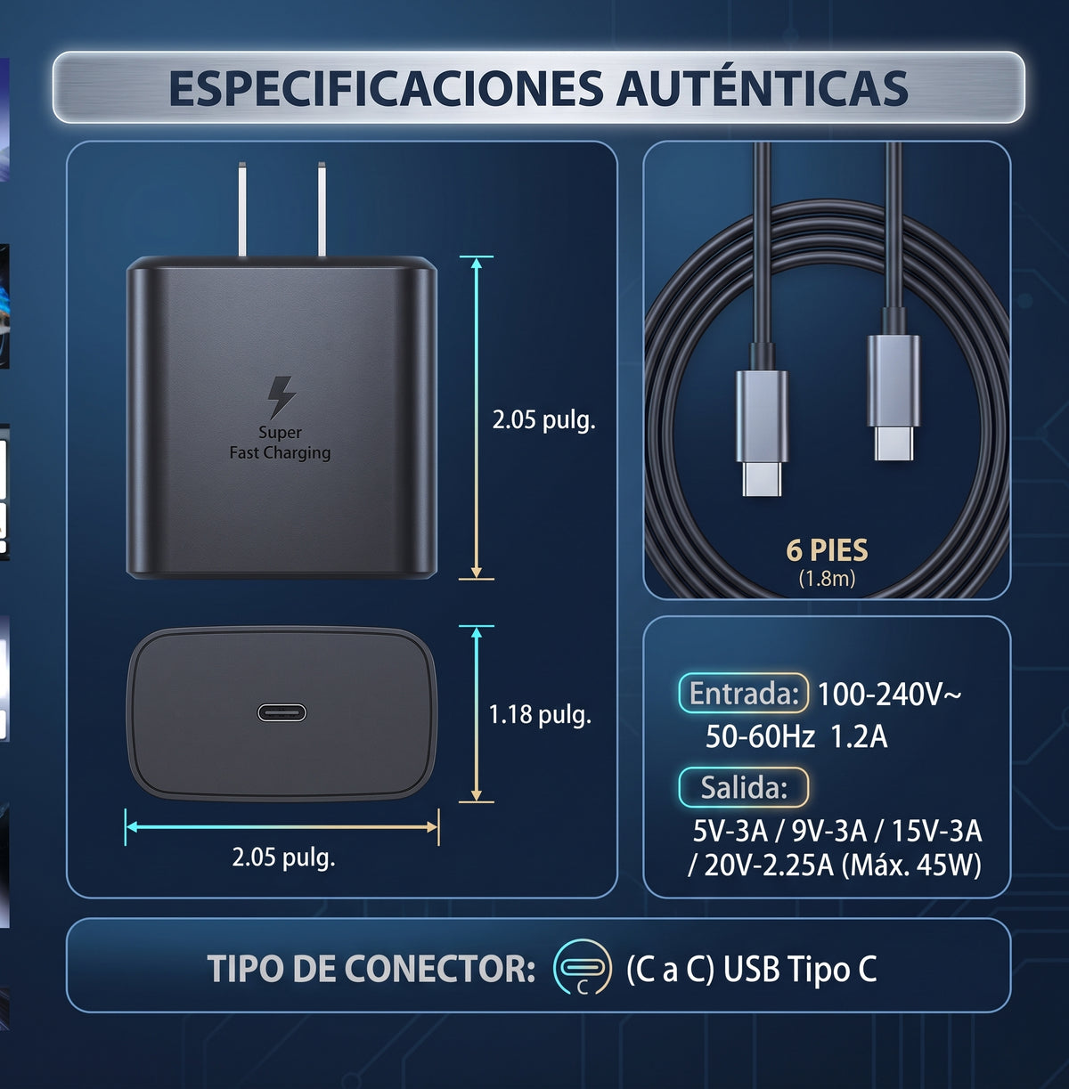 Kit de Carga Ultra Rápida PD 45W | Adaptador de Pared USB-C + Cable Tipo C de 1.8M (6 FT)