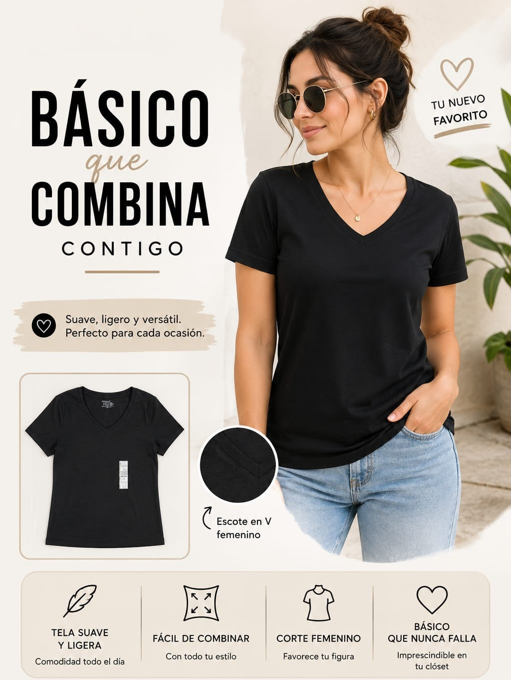 Básico que Combina Contigo: Playera Negra con Escote en V