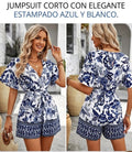 Jumpsuit Corto con Elegante Estampado Azul y Blanco