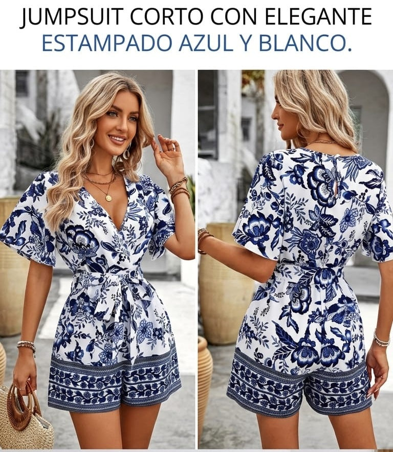 Jumpsuit Corto con Elegante Estampado Azul y Blanco