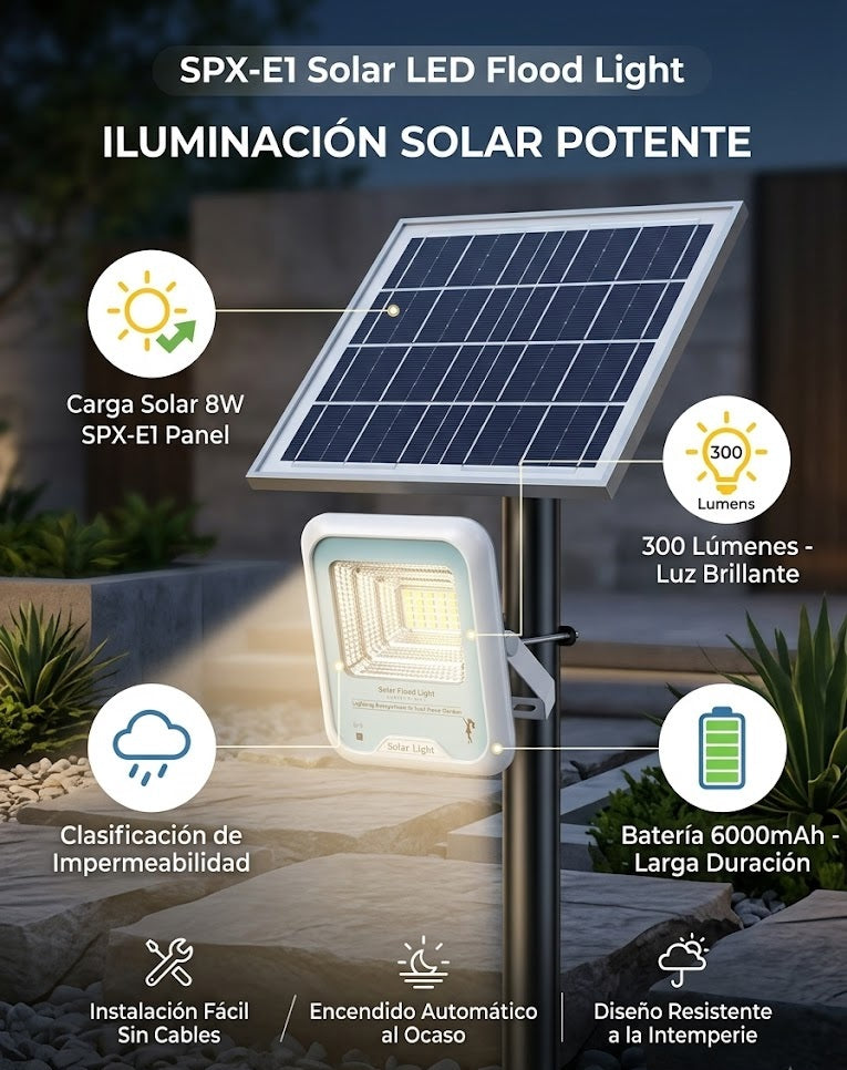 Reflector LED Solar SPX-E1 300 Lúmenes - Impermeable IP66 con Batería de 6000mAh y Carga Rápida