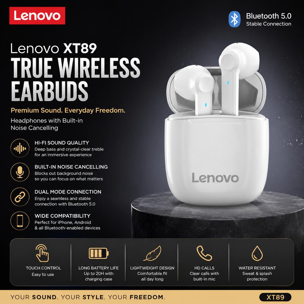 Audífonos Inalámbricos Lenovo XT89 TWS Bluetooth - Cancelación de Ruido y Micrófono para iOS y Android