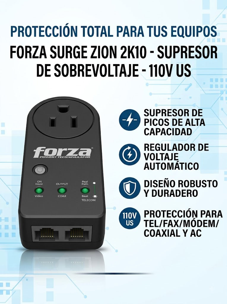 Protector de Sobrevoltaje Forza Surge Zion 2K10 - 110V US con Protección para Red y Coaxial